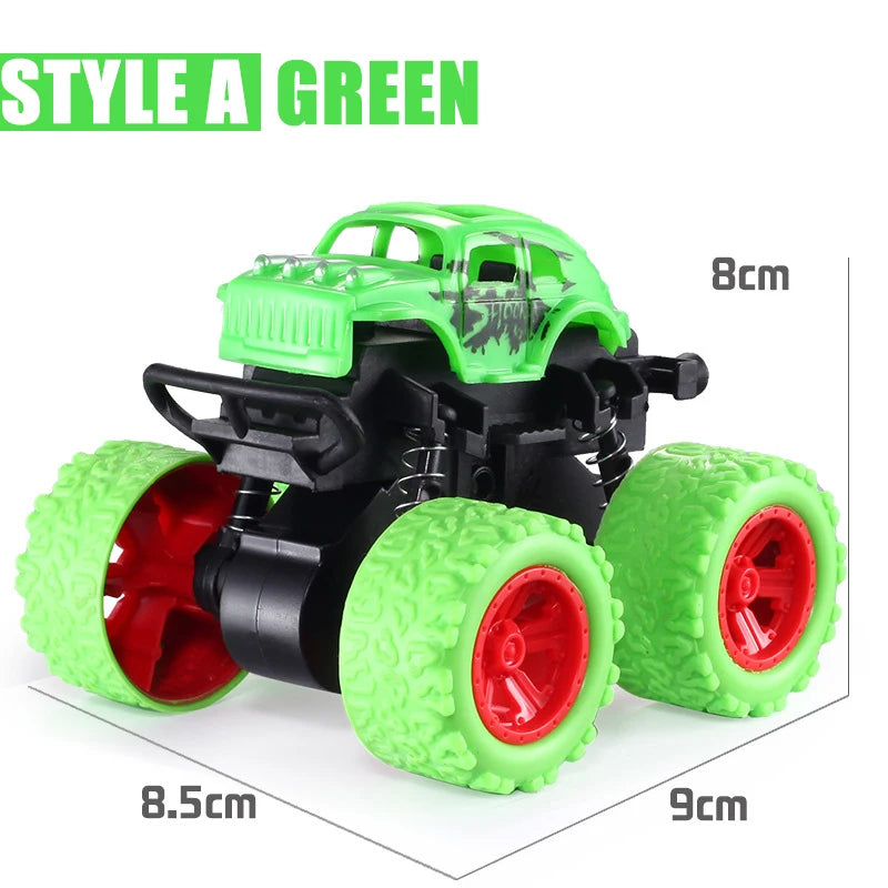 A bright green pull-back stunt SUV toy car with black chassis and large wheels.