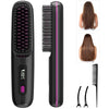 A black rechargeable ionic hair straightening brush with a pink LED display and various attachments.
