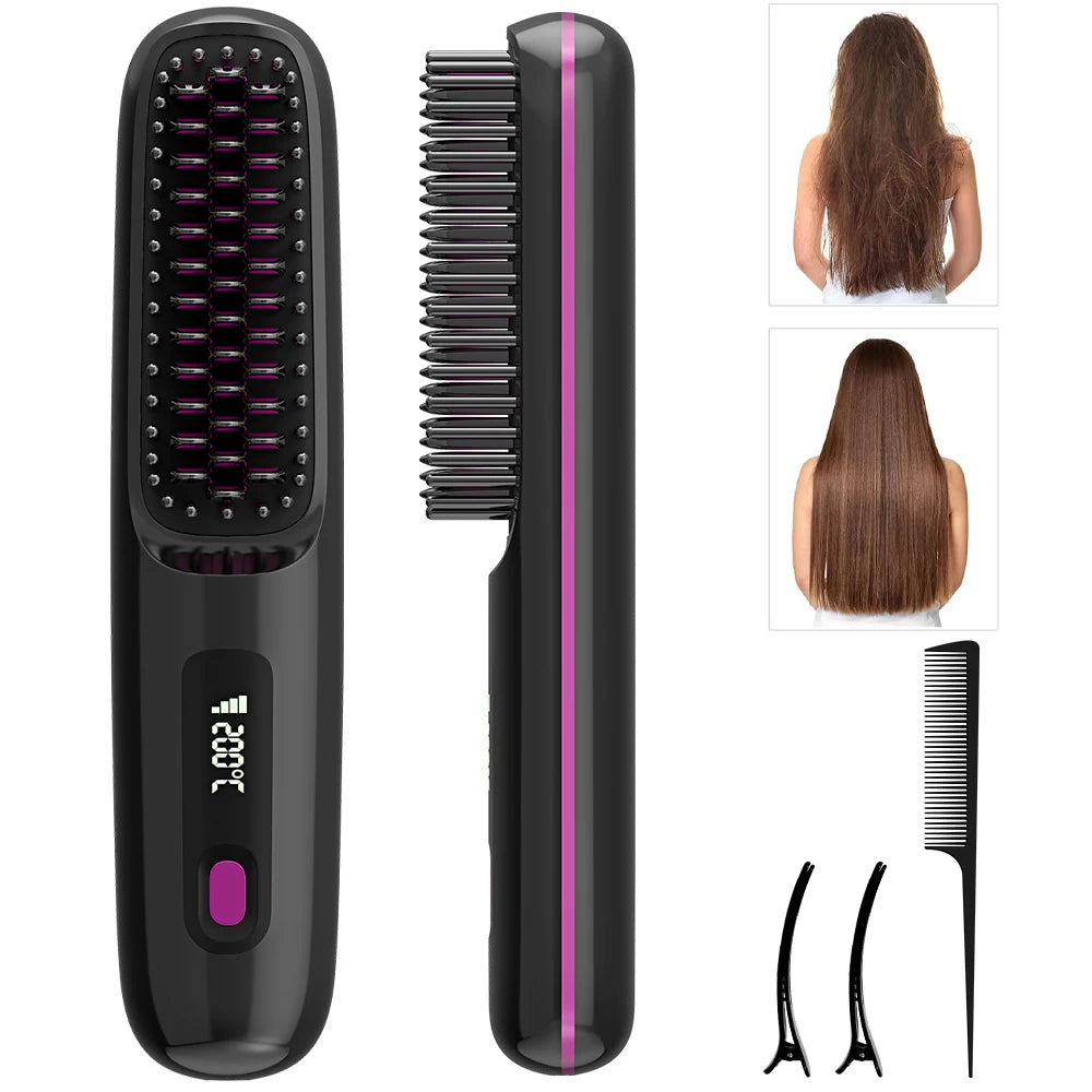 A black rechargeable ionic hair straightening brush with a pink LED display and various attachments.
