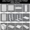 Various modular wall pegboard accessories including various sized plates, hooks, and shelf components.