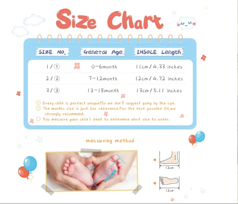 Size chart for baby shoes showing measurements and age ranges.