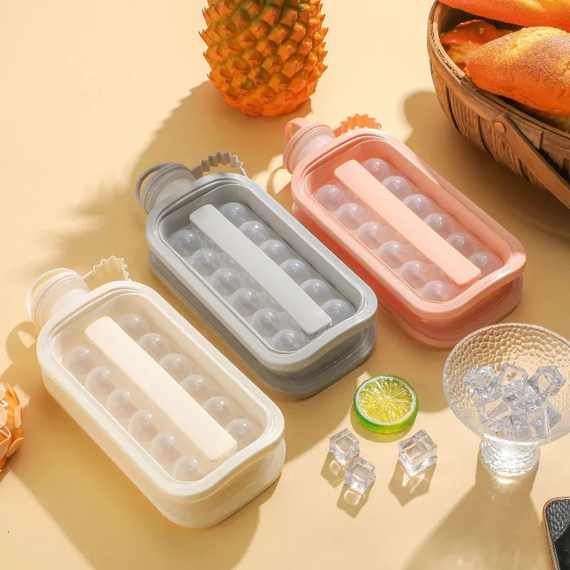 A set of two portable ice cube trays, one for water bottles and one for ice cubes, displayed on a light background.