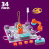 A set of 34 electronic circuit building blocks and components for a DIY science kit.