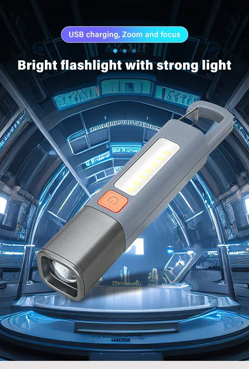 A silver LED flashlight is shown in a futuristic industrial setting, highlighting its bright light and USB charging capabilit