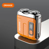 Afeminada naranja mini de afeitar eléctrica recargable por USB con pantalla digital, sobre superficie gris.