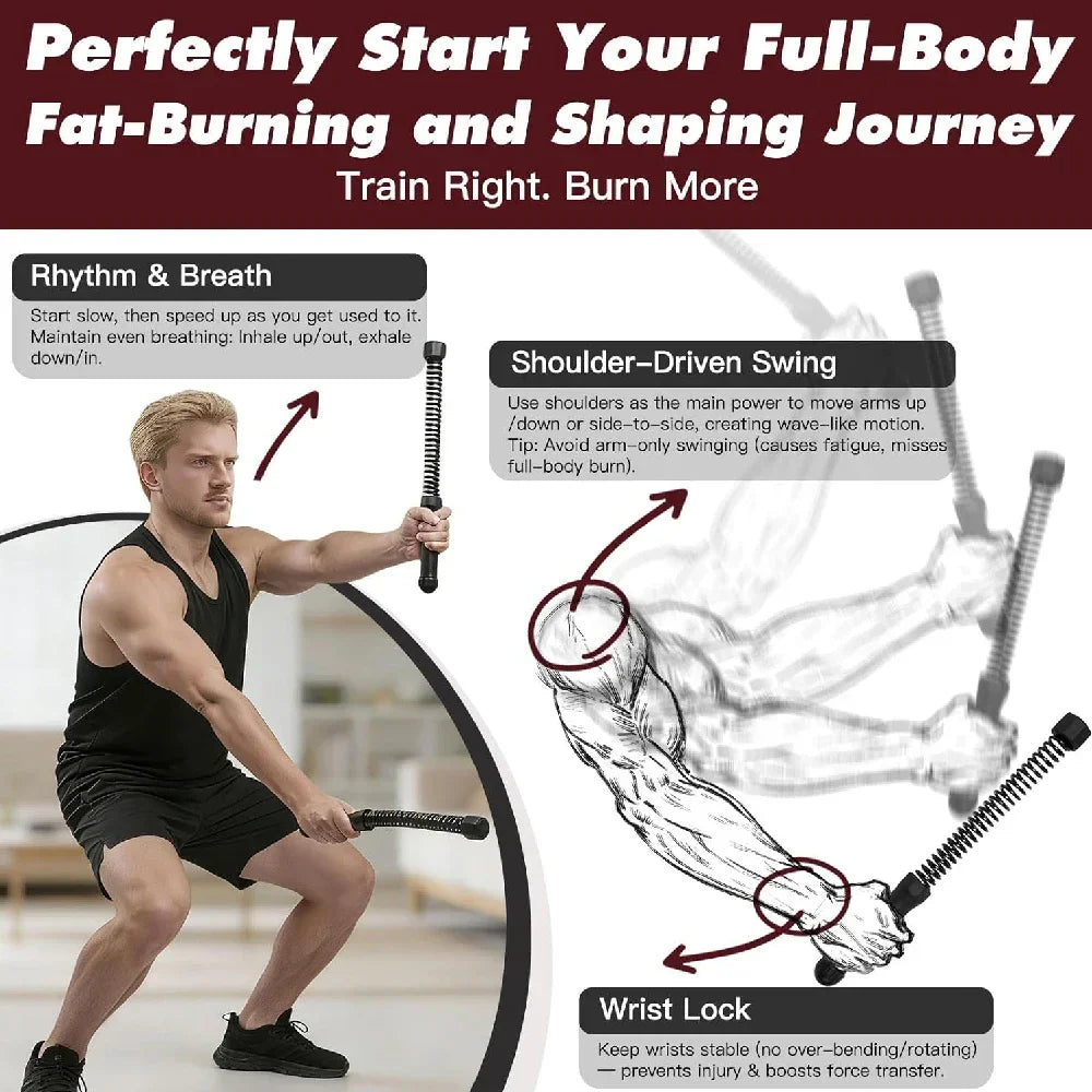 A man demonstrates a shoulder-driven swing exercise using battle ropes for full-body fat-burning and shaping.