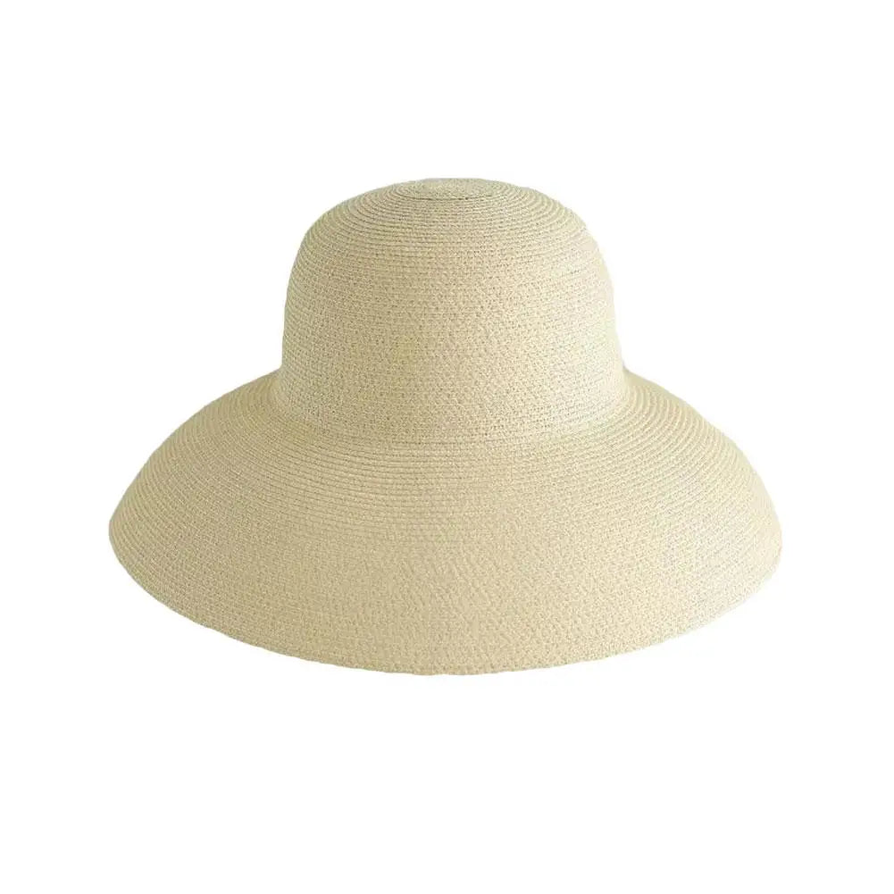 A beige wide brim straw sun hat for women.