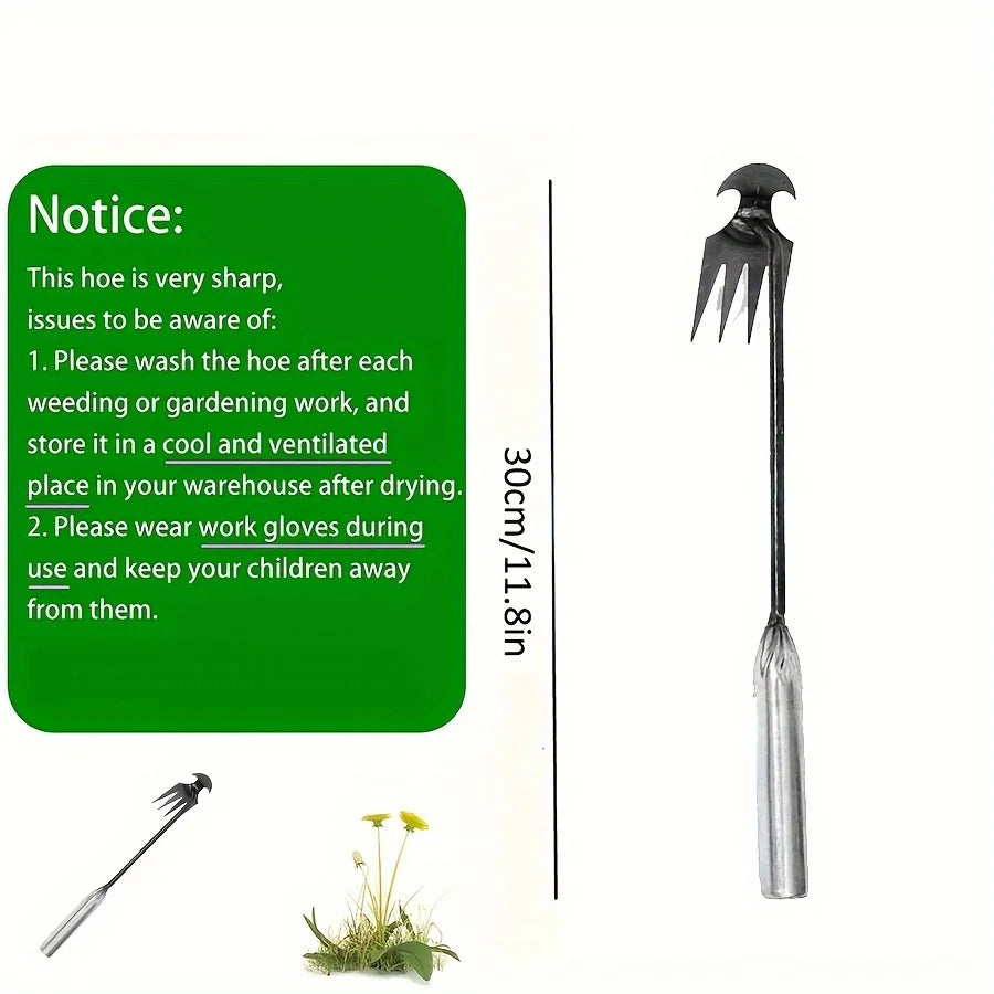 A black 4-tine ergonomic hand weeder tool with a long handle and a sharp point, shown next to safety notices.