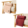 A portable heated shawl and wearable electric blanket in beige and maroon colors displayed on a wooden chair.