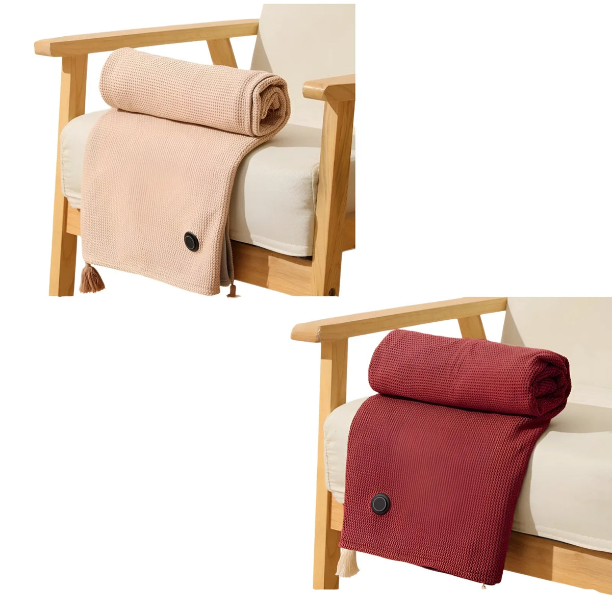 A portable heated shawl and wearable electric blanket in beige and maroon colors displayed on a wooden chair.