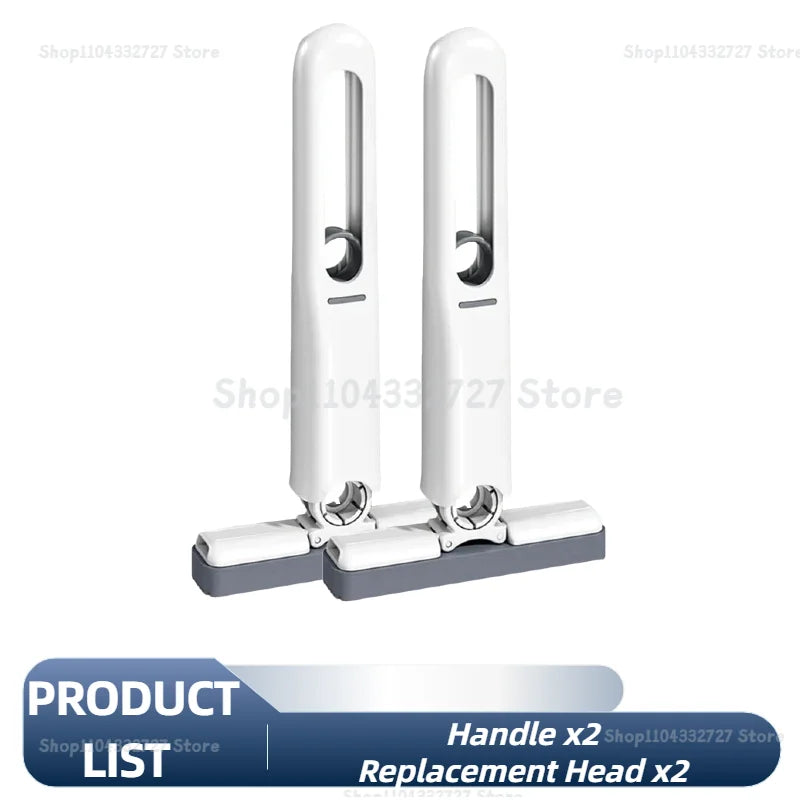 Two white replacement heads for a compact self-squeezing mini mop.