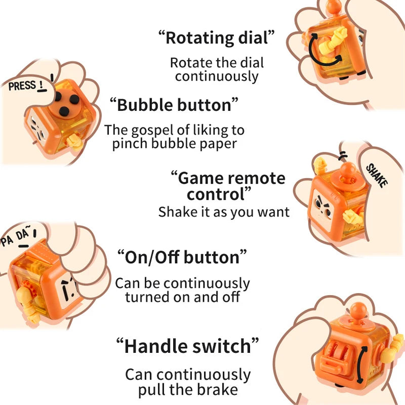 Un cubo de fidget con dial giratorio, botón de burbujas, control remoto, interruptor de encendido/apagado y asa.