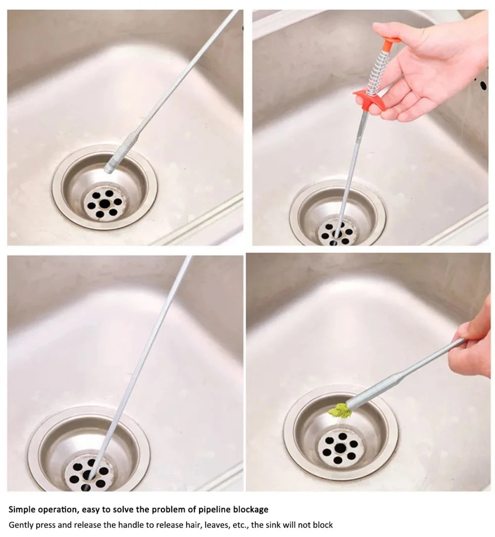 A hand uses a flexible drain snake to clear a clogged sink drain.