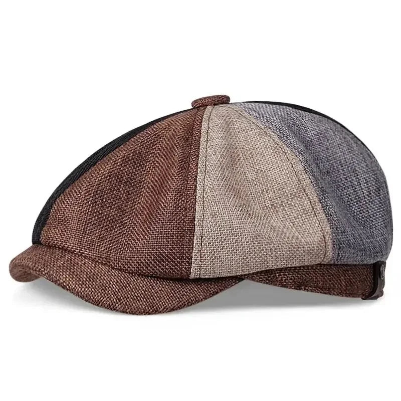 A vintage retro newsboy cap featuring a multi-toned fabric design in brown, gray, and black.