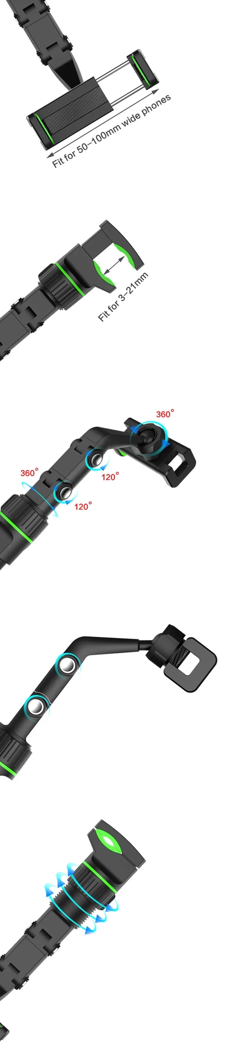 Various angles and mounting options for a 360° rotatable multi-position phone mount.