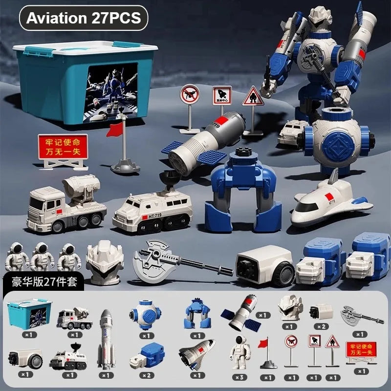 A set of 27 pieces of magnetic engineering car robot building blocks and toys displayed on a gray background.