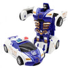 A blue and white transformable robot car toy featuring a police theme.