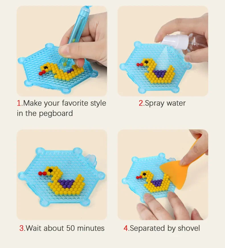 A four-step process showing how to make a pegboard craft using colorful water beads, including spraying water and separating 