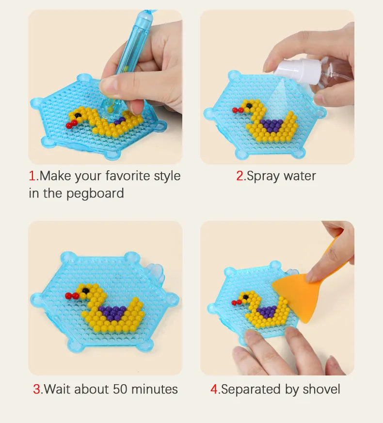 Instructions for making and separating colorful water beads using a pegboard