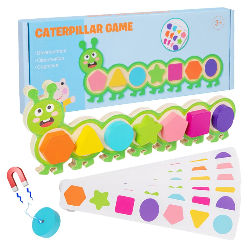 A wooden caterpillar puzzle game featuring colorful shapes and colors for children's learning.