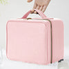 A pink PU leather makeup case with a zipper is being held by a hand, shown against a white background.