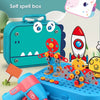 A blue toolbox contains various pretend play repair tools and a power screwdriver for kids.