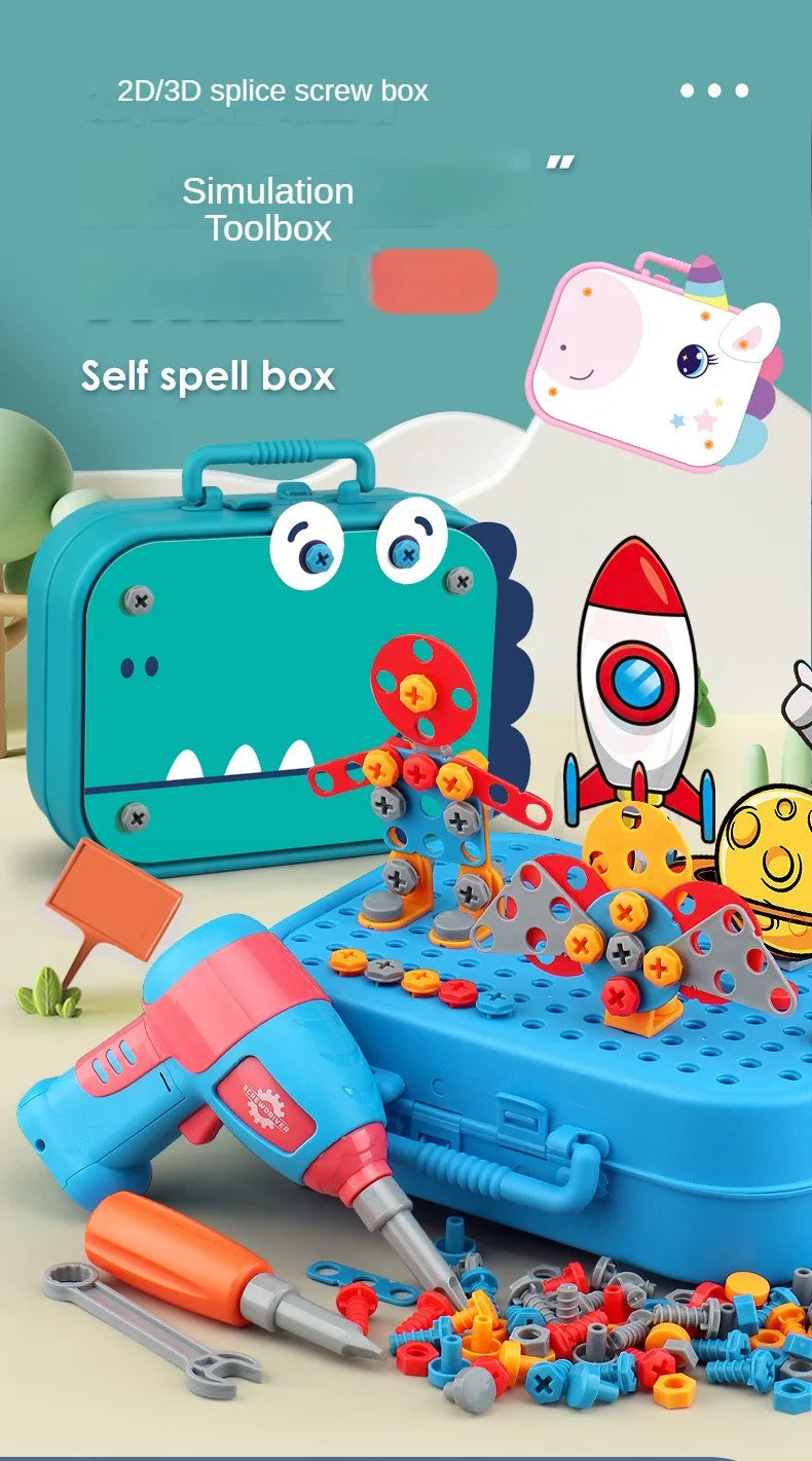 A blue toolbox contains various pretend play repair tools and a power screwdriver for kids.