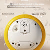 A yellow and white automatic sensor water spray toy for a whale baby bath, showing the button switch and charging compartment