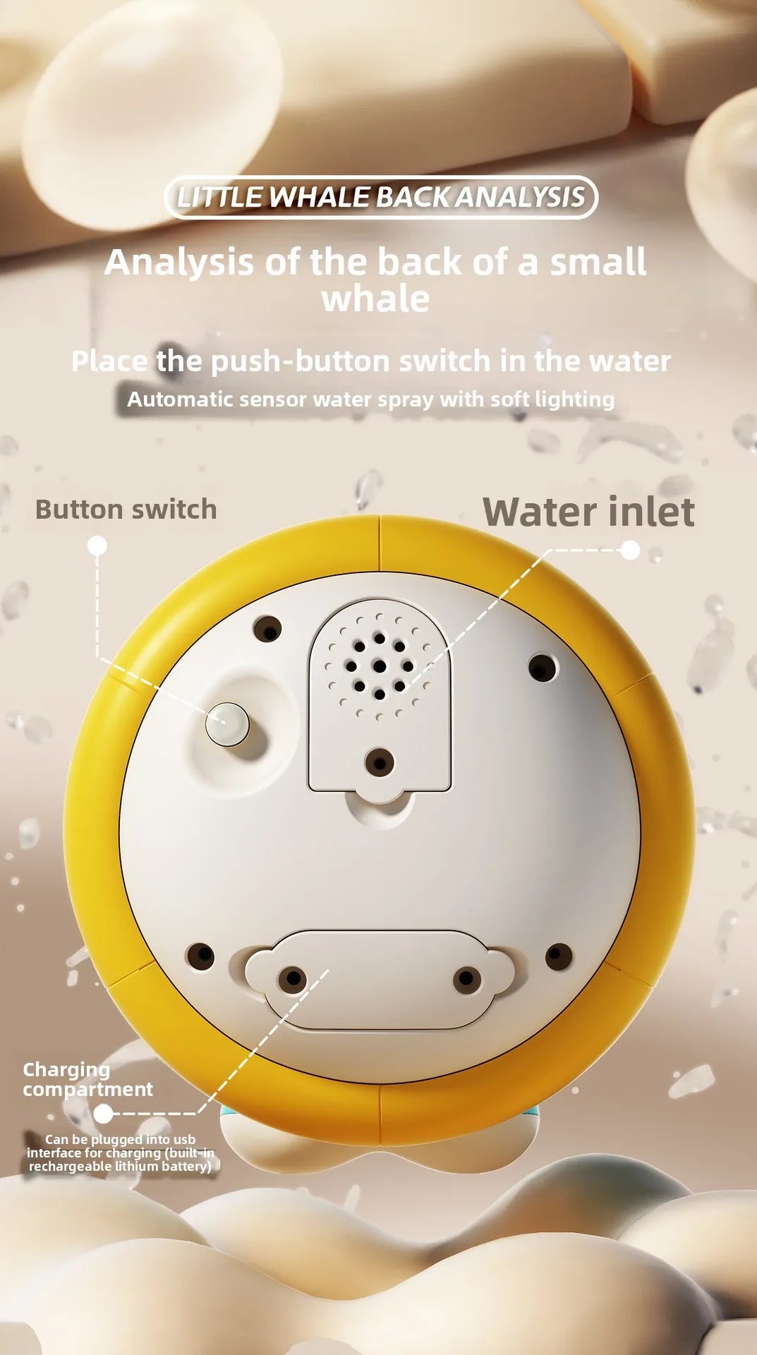A yellow and white automatic sensor water spray toy for a whale baby bath, showing the button switch and charging compartment