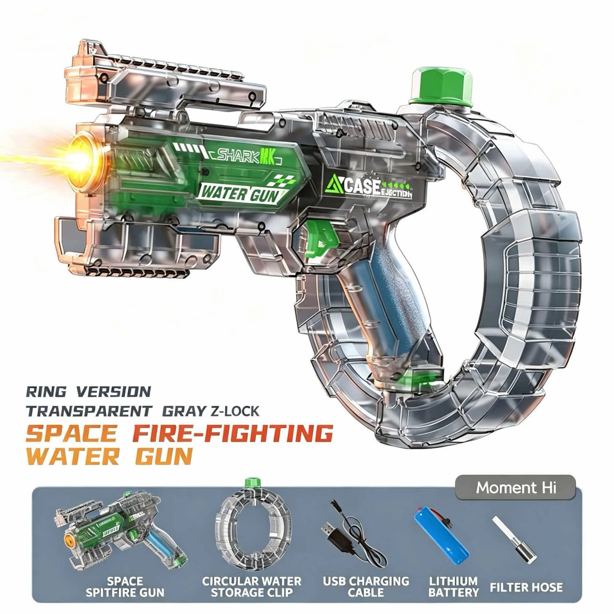 A silver and green automatic electric water gun with a transparent gray Z-lock ring storage clip and accessories.