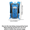 A blue and gray hydration backpack shown from the front with dimensions provided.