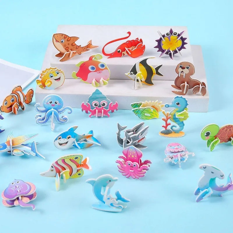 A collection of colorful 3D foam animal puzzles and toys arranged on a light blue surface.