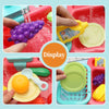 A set of kids pretend play kitchen sink toys with running water, featuring purple and yellow fruit items.