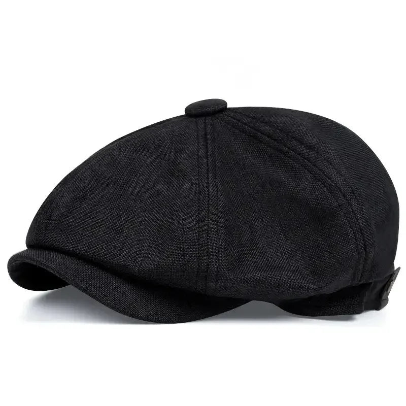 Black vintage retro newsboy cap with a rounded crown and a small top button
