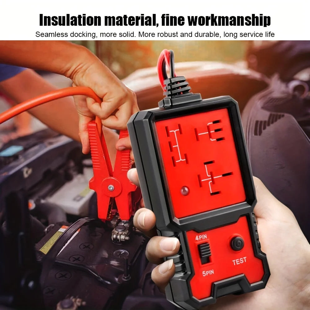 Käsi pitää puna-mustaa 12V automaaykytintä piikantunnistimella sähkötestaukseen.