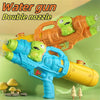An orange water gun with a green dinosaur nozzle and a blue water gun with a green dinosaur nozzle