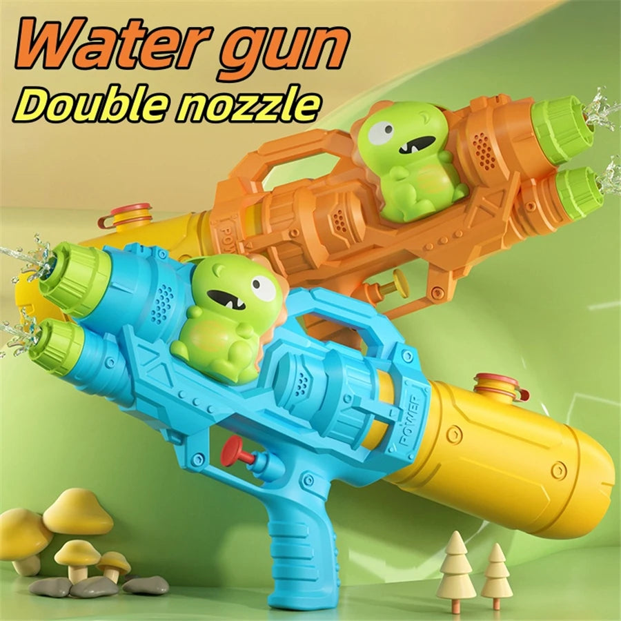 An orange water gun with a green dinosaur nozzle and a blue water gun with a green dinosaur nozzle