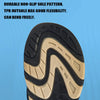 Close-up view of a black and tan non-slip sole pattern on a shoe.