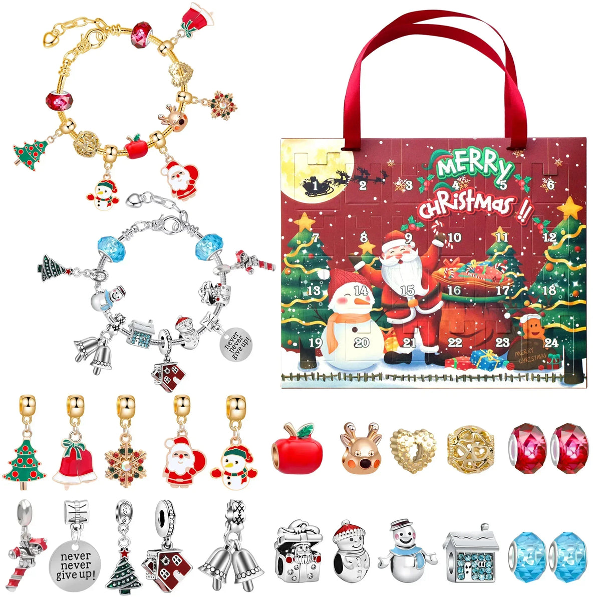Adventskalender til jule nedtælling med en rød stofpose og forskellige DIY-armbåndssæt.