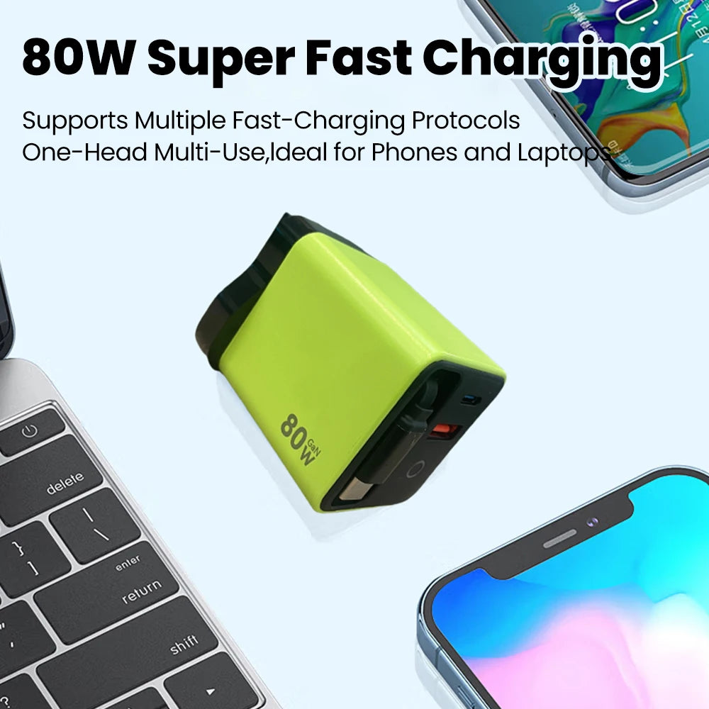 A yellow 80W super fast charging block is shown next to a laptop and a smartphone.