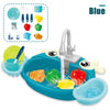 Blue kids pretend play kitchen sink set with running water featuring various fruit and vegetable play items