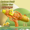 An orange cartoon duck water gun toy is shown in a dynamic pose with water splashing.