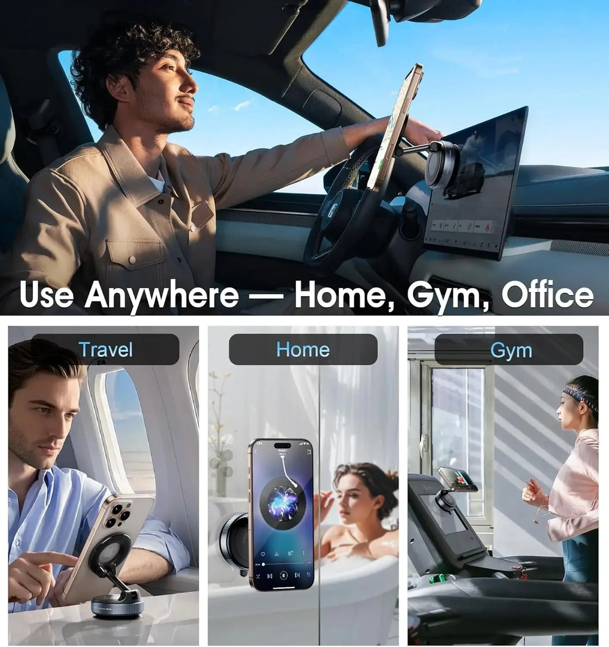 A man uses a 360° rotating magnetic foldable phone holder in a car, gym, or office setting.