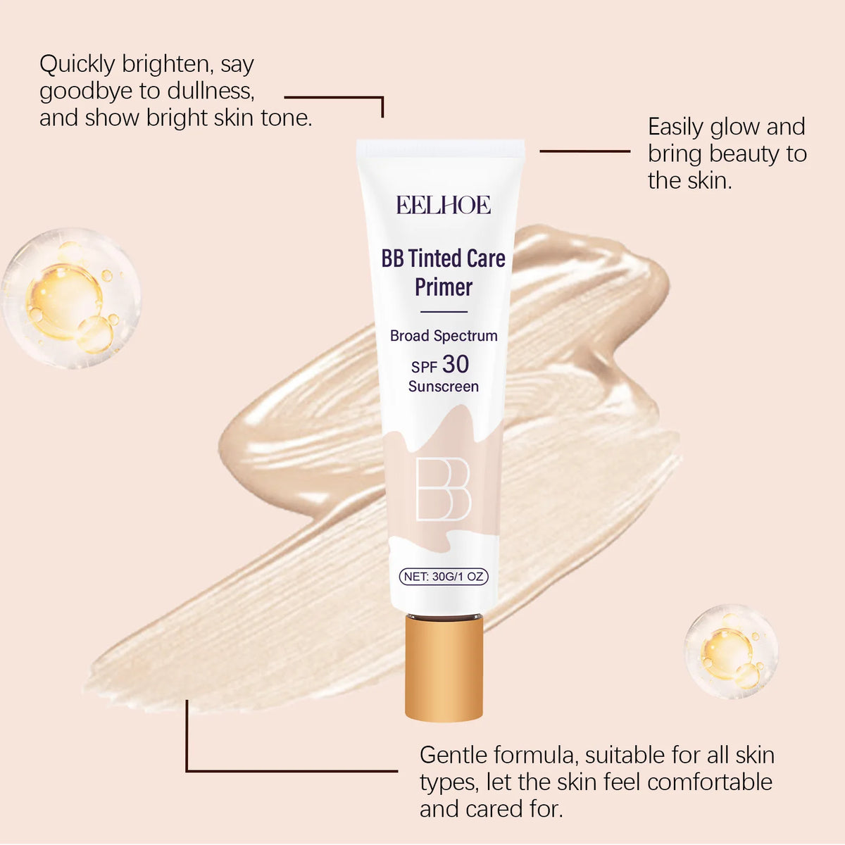 Et rør med EELHOE BB Tinted Care Primer i lys beige farge, med tekst som beskriver fordelene.