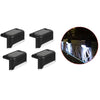 Four black solar powered deck lights with LED strips shown alongside an inset image of the lights illuminating a pathway.