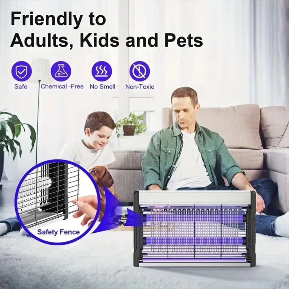 An electric mosquito killer lamp with a UV light trap is shown next to a man and a dog on a sofa.