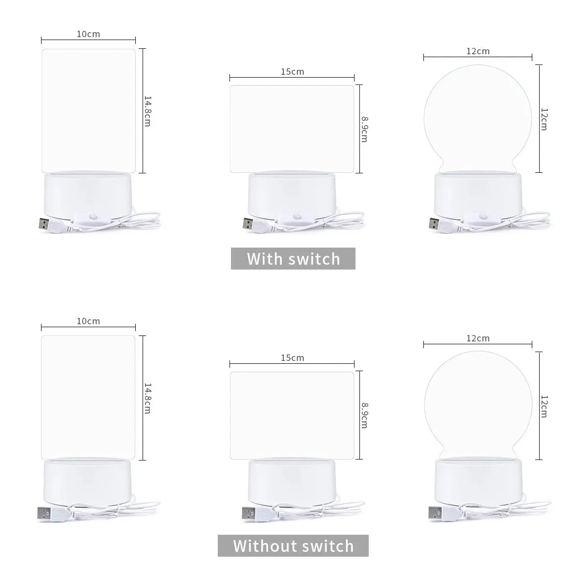 A set of acrylic desk lamps shown in various configurations with and without a switch.