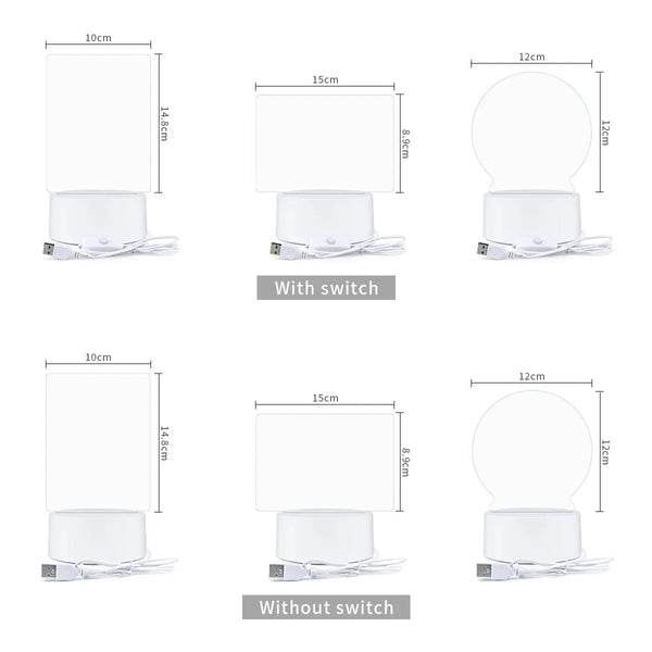 A set of acrylic desk lamps shown in various configurations with and without a switch.