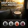 A dark leather car door storage organizer with a cup holder and phone pocket, shown in various colors.