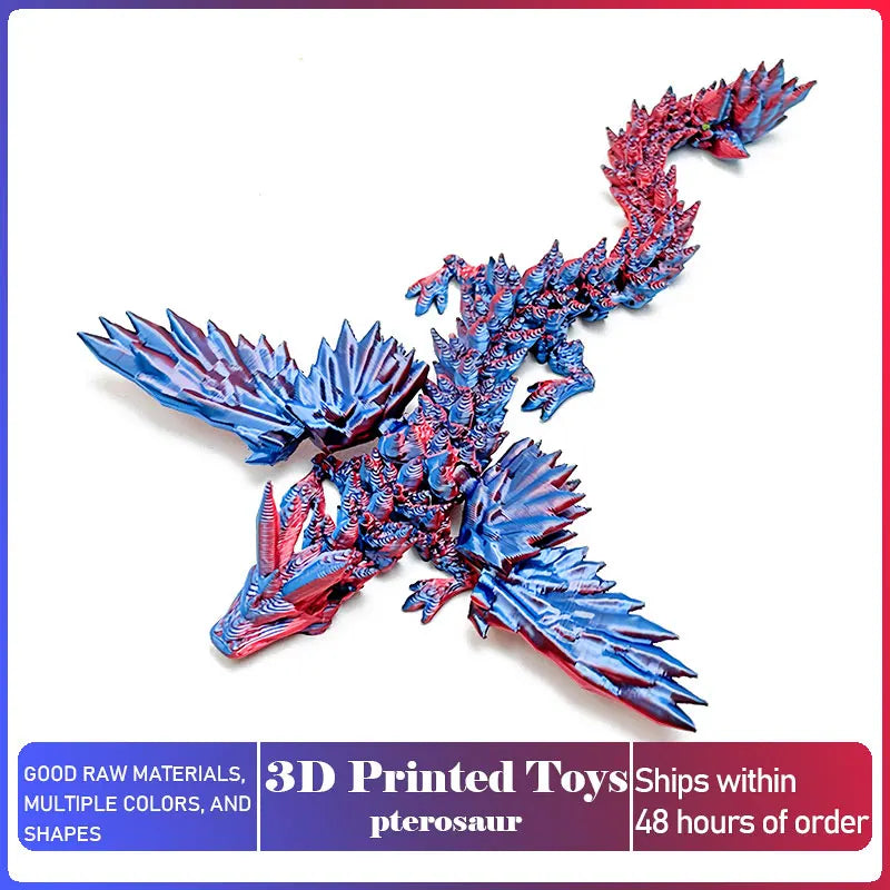 Figurilla de pterosaurio impresa en 3D, azul y rojo, con escamas y alas detalladas.